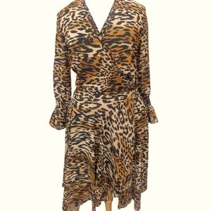 Tahari ASL Women's Long Sleeve Surplice Leopard Print Dress with Tie Waist